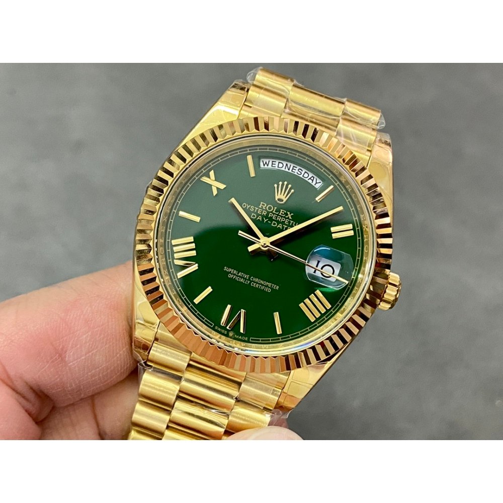 Rolex Day-Date 228238 Yellow Gold Green Crystal Dial Gain Weight President Bracelet 3255 Movement